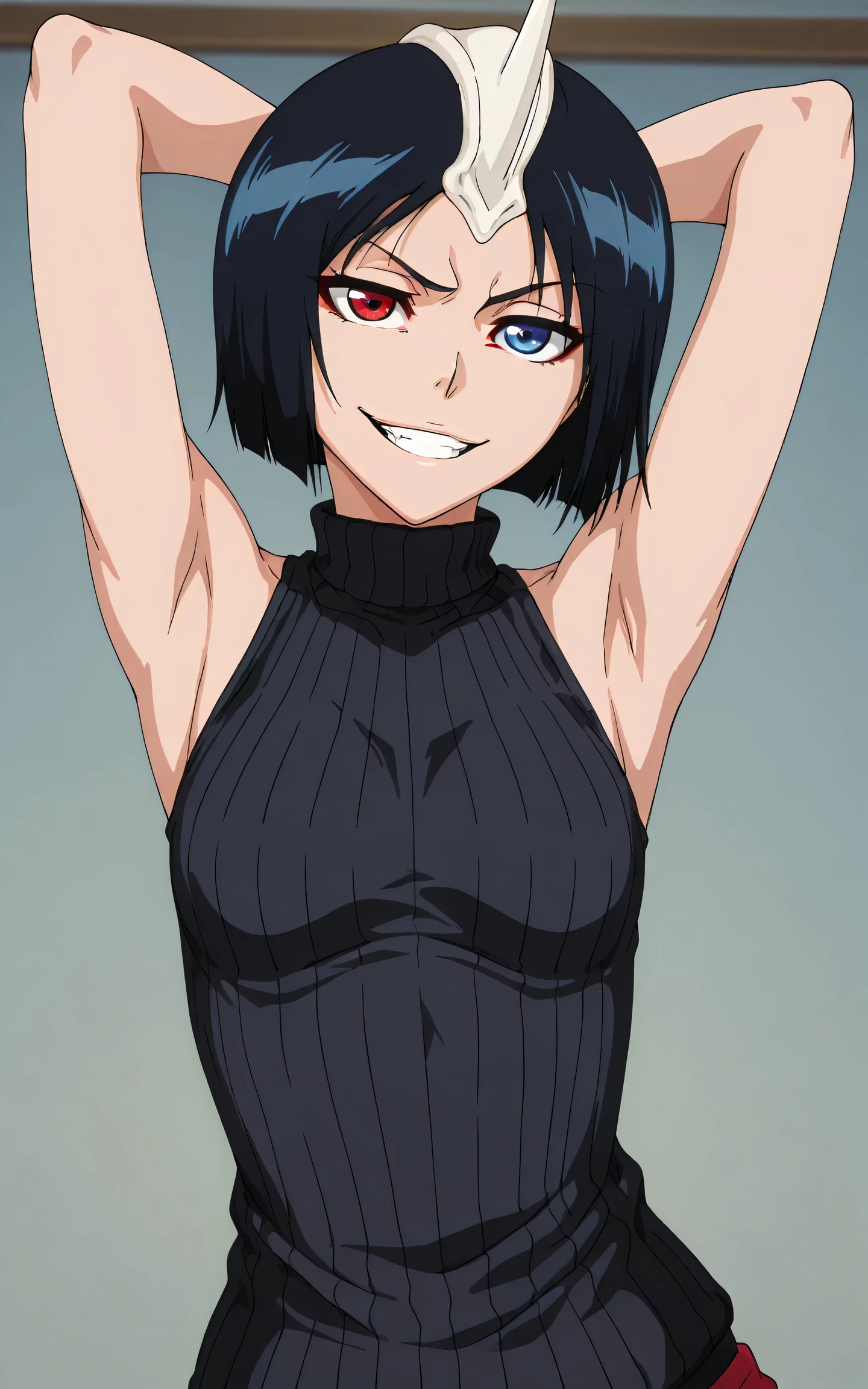 masterpiece, best quality, amazing quality, anime screencap, anime coloring, 1girl, solo, 3m1l0u, heterochromia, blue eyes, red eyes, black hair, short hair, medium breasts, single horn, black sweater, sleeveless sweater, ribbed sweater, turtleneck, small breasts, skindentation, sleeveless, bare shoulders, bare arms, arms behind head, armpits, head towards viewer, looking at viewer, evil smile, grin, teeth, light source in front, indoors