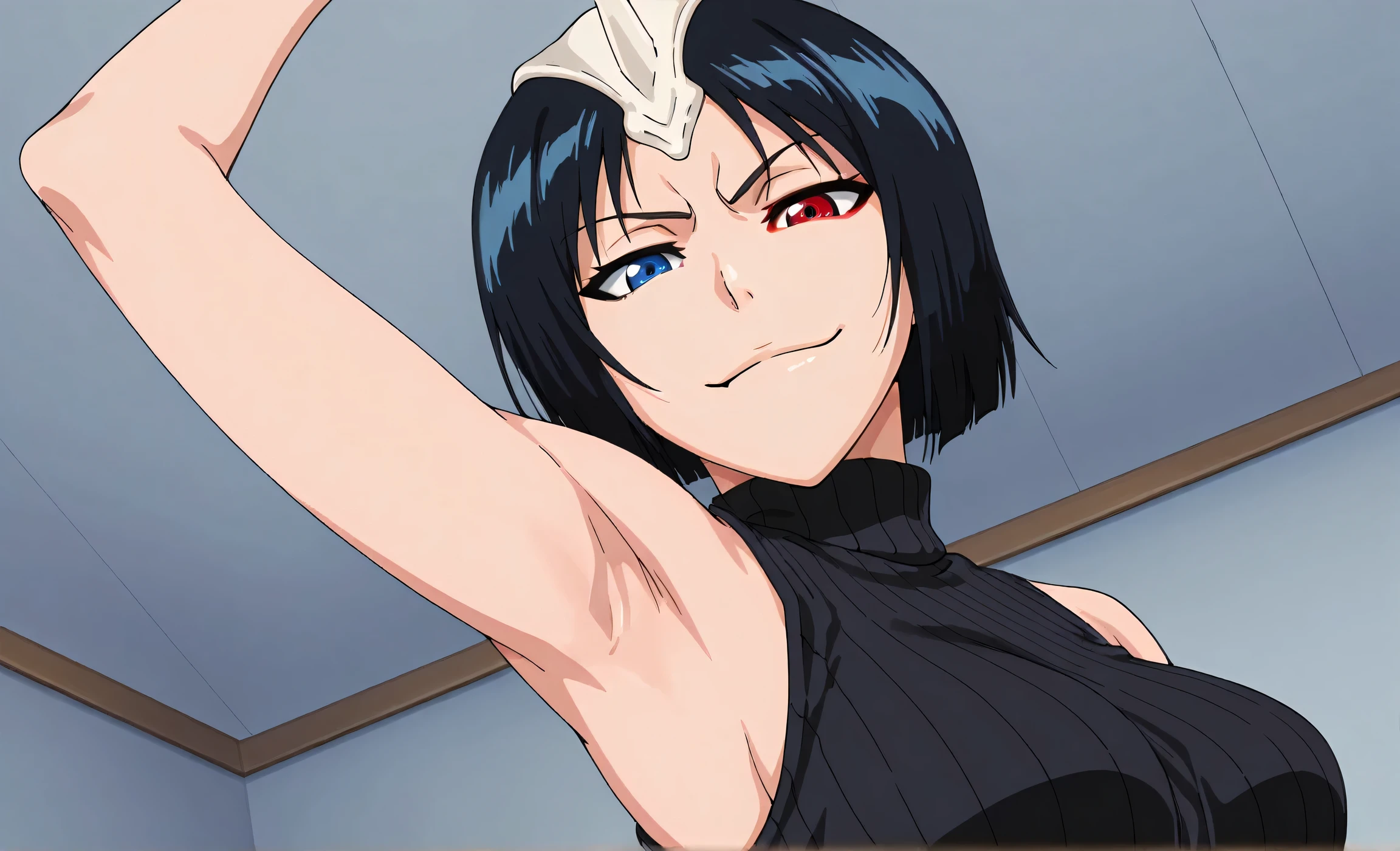 masterpiece, best quality, amazing quality, anime screencap, anime coloring, 1girl, solo, 3m1l0u, heterochromia, blue eyes, red eyes, black hair, short hair, medium breasts, single horn, black sweater, sleeveless sweater, ribbed sweater, turtleneck, small breasts, skindentation, sleeveless, bare shoulders, bare arms, arm up, raised arm, armpit, armpit focus, head towards viewer, looking at viewer, evil smile, smug, closed mouth, light source in front, indoors, from side, from below, flexible bicep