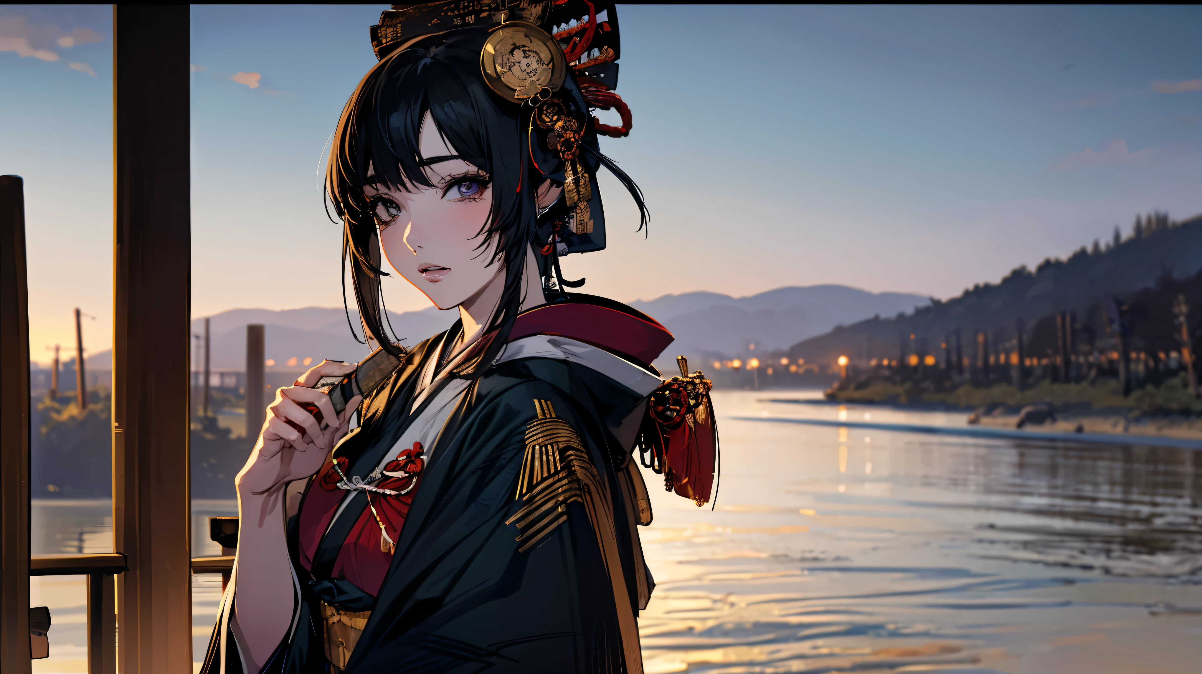 (masterpiece:1.5),beautiful hair,Beautiful Eyes,beautiful lips,Beautiful slender body,Big Breasts,cleavage,(Konno Anna:1.2),(Riho Yoshioka:1.1),(random expression:1.3),(Riverside:1.4),bust illustration from the front ,((((the most beautiful woman in the world:1.7)))),(((( kimono,jacket,Taisho Romance:1.5)))),((19-year-old single woman holding a fish in her hand:1.1)),(accurately depicted anatomically correct hands:1.1)black hair,long lashes,Three-dimensional, jewel-like eyes,Very delicate and beautiful CG,2. 5D illustration, Anatomically Accurate Body, (very precise illustration:1.1),(Outdoors:1.4), (wallpaper:1.4),8k