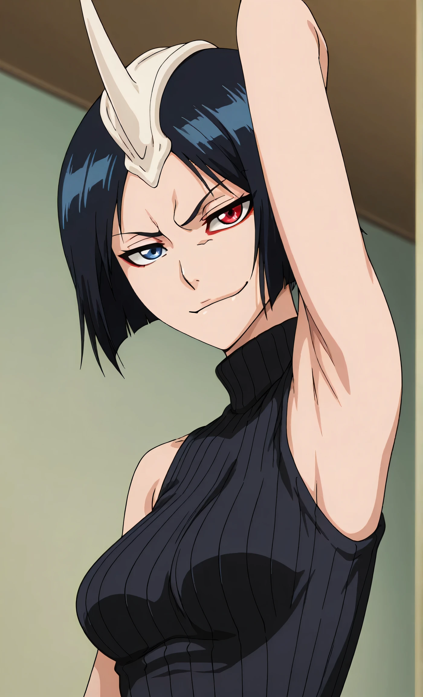 masterpiece, best quality, amazing quality, anime screencap, anime coloring, 1girl, solo, 3m1l0u, heterochromia, blue eyes, red eyes, black hair, short hair, medium breasts, single horn, black sweater, sleeveless sweater, ribbed sweater, turtleneck, small breasts, skindentation, sleeveless, bare shoulders, bare arms, arm up, raised arm, armpit, armpit focus, head towards viewer, looking at viewer, evil smile, smug, closed mouth, light source in front, indoors, from side,