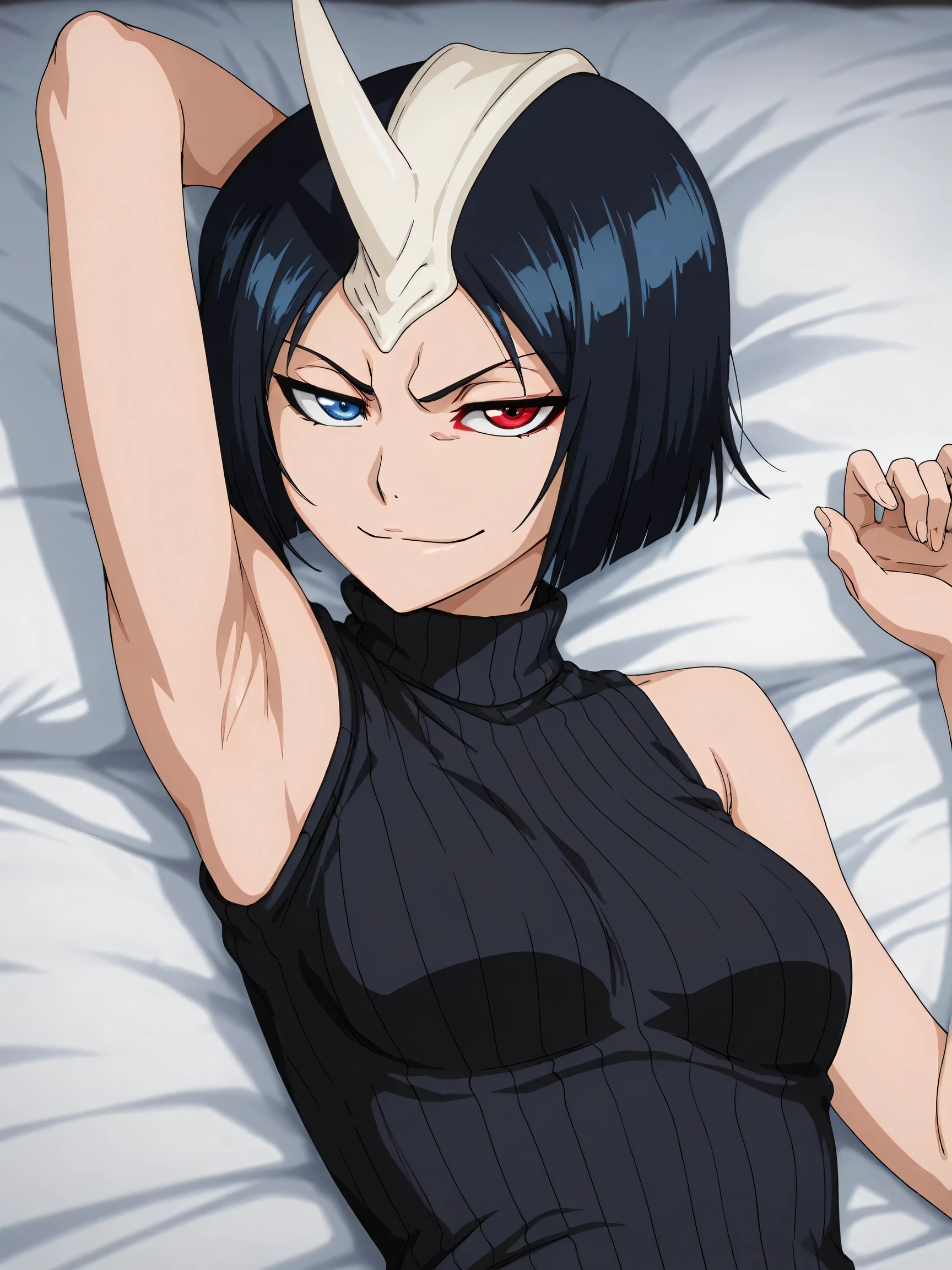 masterpiece, best quality, amazing quality, anime screencap, anime coloring, 1girl, solo, 3m1l0u, heterochromia, blue eyes, red eyes, black hair, short hair, medium breasts, single horn, black sweater, sleeveless sweater, ribbed sweater, turtleneck, small breasts, skindentation, sleeveless, bare shoulders, bare arms, arm up, raised arm, armpit, armpit focus, head towards viewer, looking at viewer, evil smile, half-closed eyes, smug, closed mouth, light source in front, lying in bed