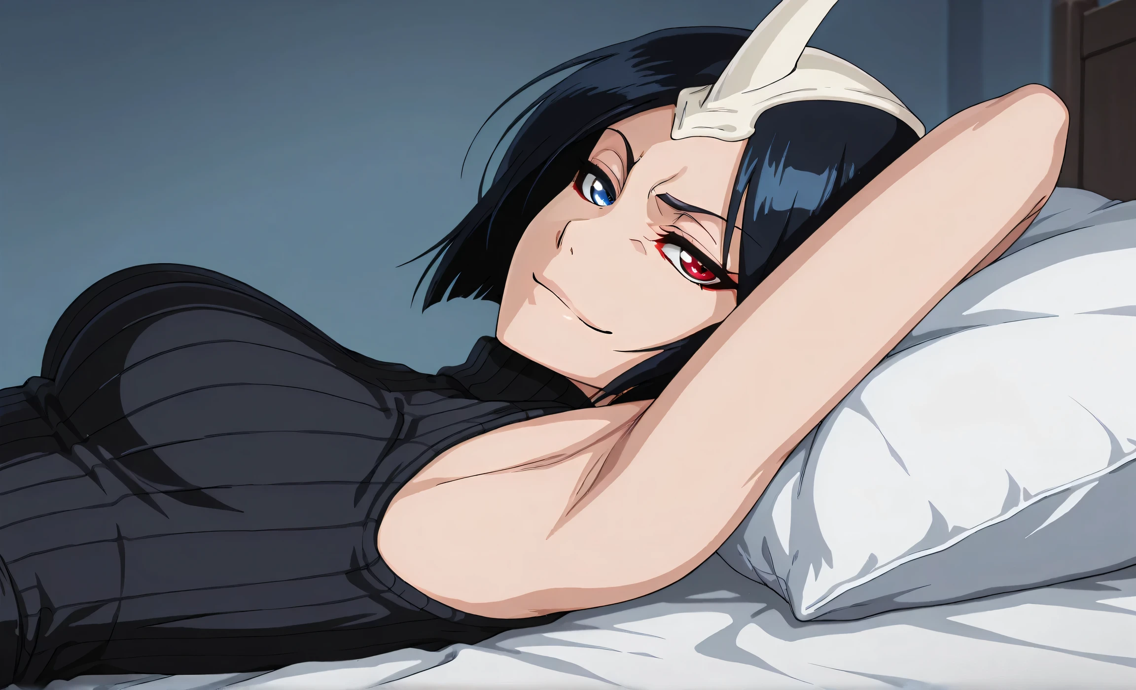 masterpiece, best quality, amazing quality, anime screencap, anime coloring, 1girl, solo, 3m1l0u, heterochromia, blue eyes, red eyes, black hair, short hair, medium breasts, single horn, black sweater, sleeveless sweater, ribbed sweater, turtleneck, small breasts, skindentation, sleeveless, bare shoulders, bare arms, arm behind head, armpit, armpit focus, head towards viewer, looking at viewer, evil smile, half-closed eyes, smug, closed mouth, light source in front, lying in bed, from side, from side