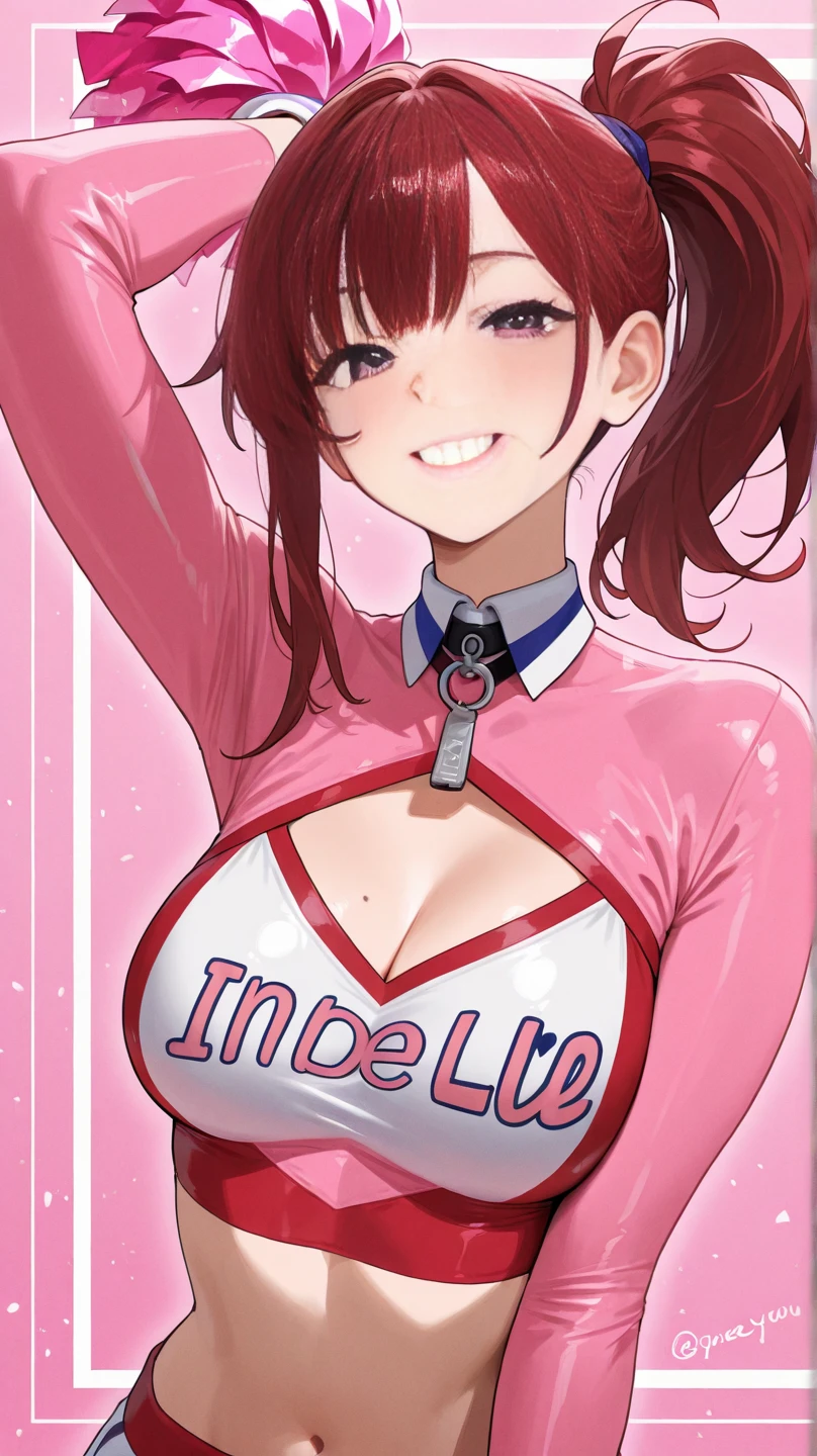 Magazin ecover, redhead, cheerleader outfit, sexy pose, big breasts, pigtails, smile
Magazine cover, redhead, cheerleader outfit, sexy pose, big breasts, pigtails, smile