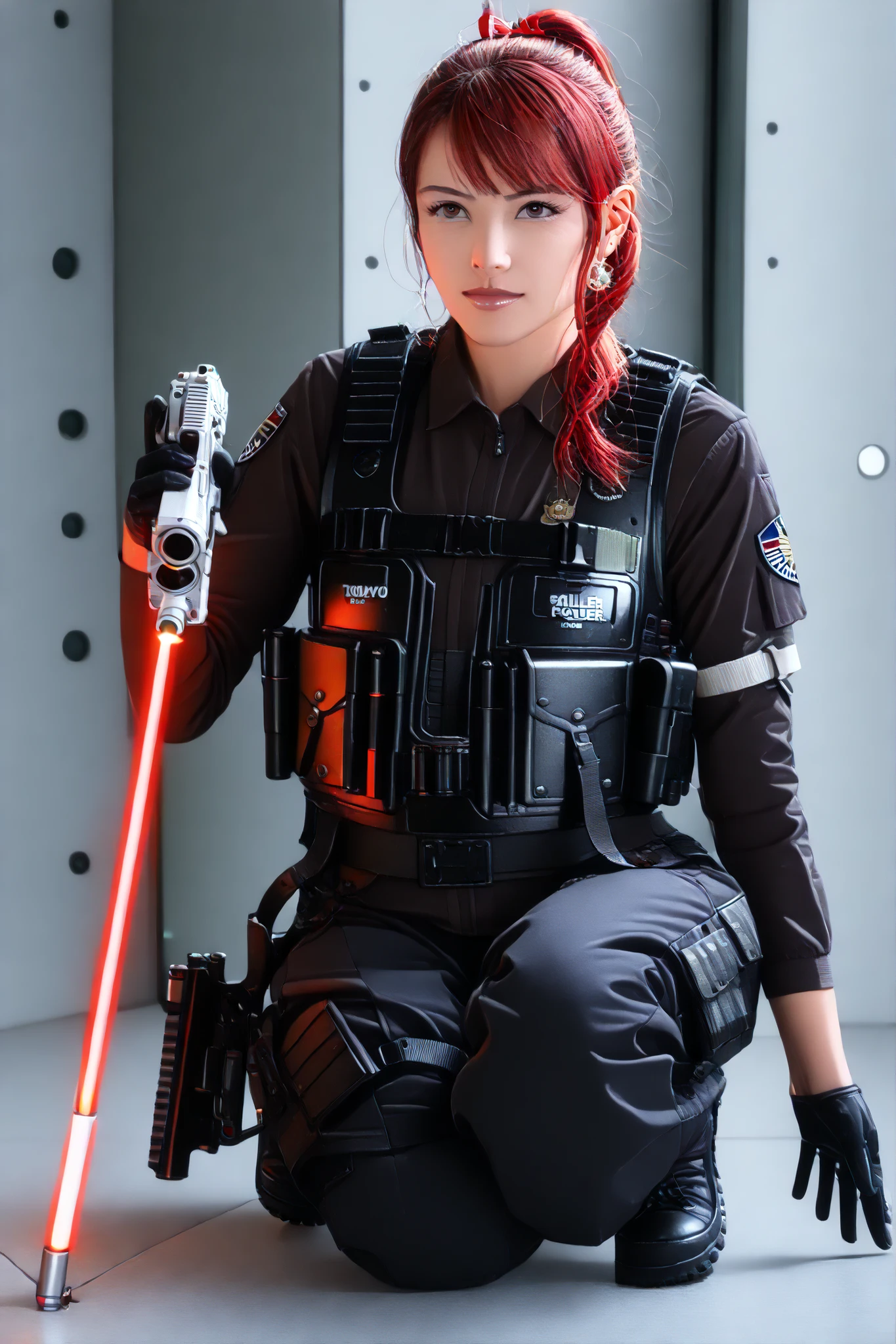 (masterpiece,high quality,mirror-like, Movie Experience , Very detailed ,),【8k,wallpaper,,(Best Illustration),( a woman)( Shell mobile style worldview:2.0),(Black tactical jumpsuit:2.0),(Heavy Black Bulletproof Vest:2.0),(Black Gloves:2.0),(MP4:2.0),(Beautiful eyes),(Fine Face ),(Detailed drawing of female hands:2.0),(sexy:2.0),(Kneel down and aim the gun at me.:2.0),(raise right knee:2.0),(The background is Tokyo, A place of technological development .:2.0),(Point Gun with Laser Aimeter Under Gun:2.0),( pointed a red laser pointer at my gun :2.0)