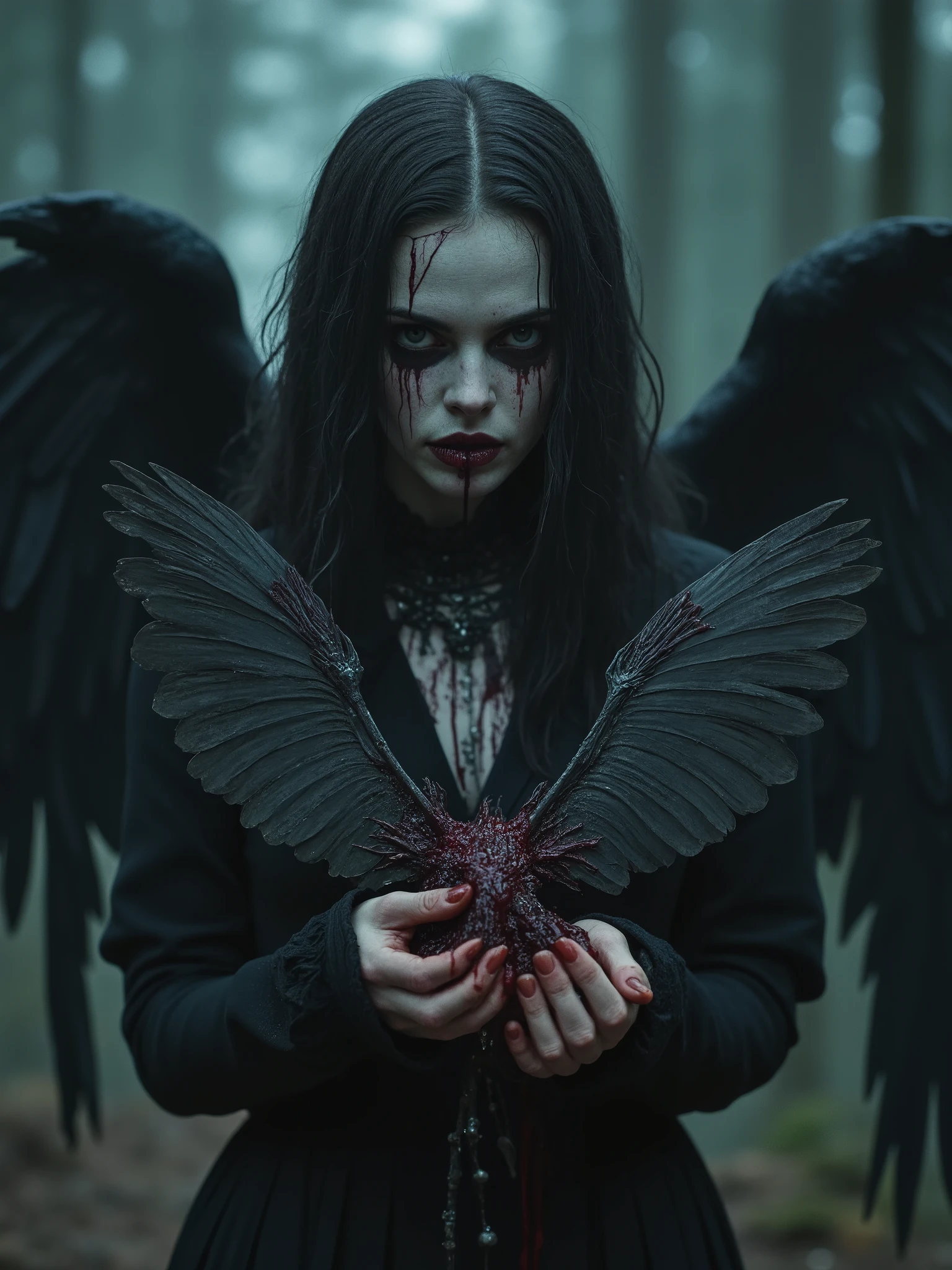 A beautiful black haired necromancer woman, cosmic entity, holding spread raven Wings Infront of her face she has her teeth exposed and no skin on the face blood dripping From the Wings,dark realistic photography,dark art,dark surreal art, melancholic ambience, blood and gore dark art , bones exposed, slimy, half nude, ravens in the background, peek of a mountain
