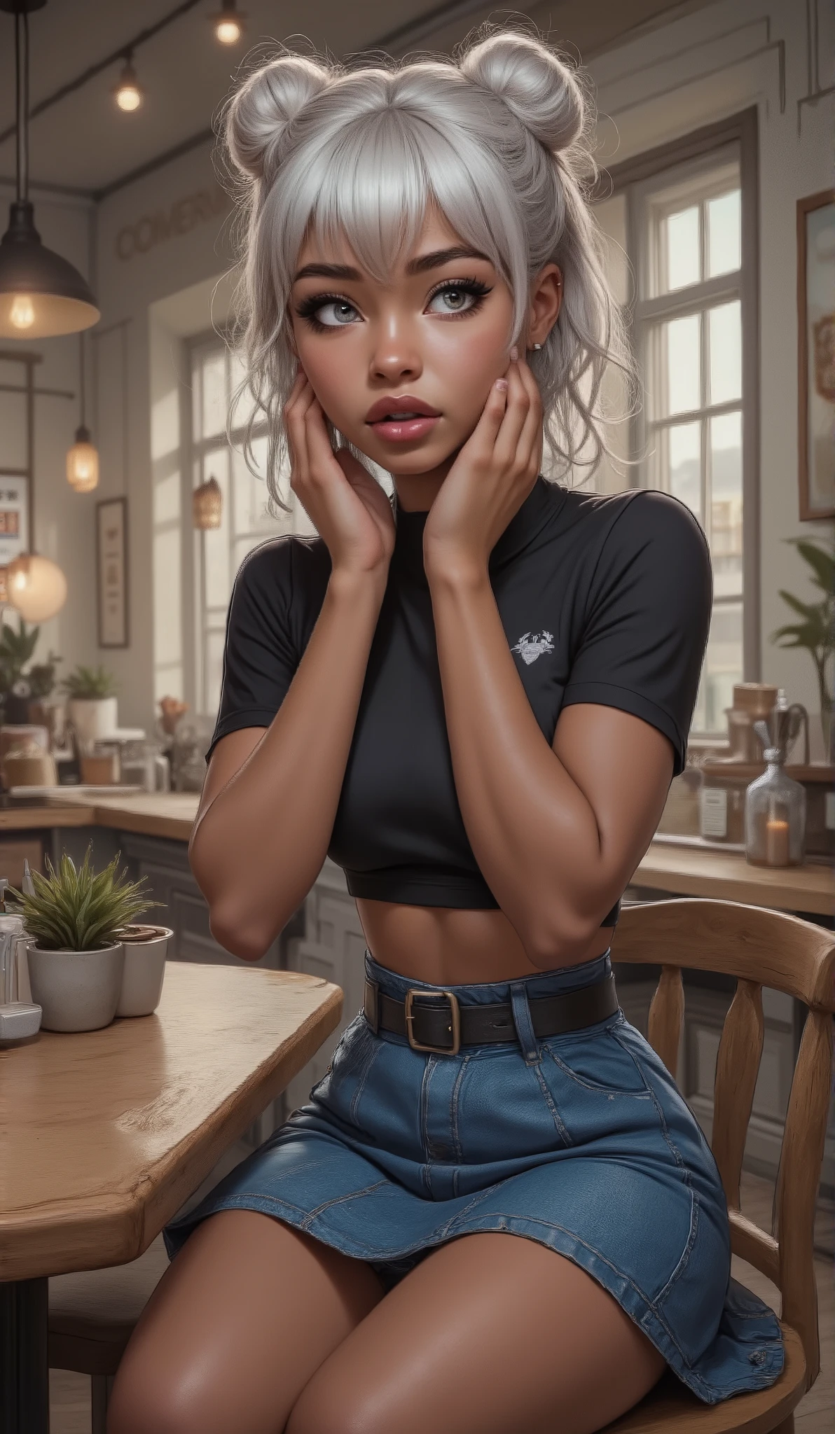 A young 14 year old girl with dark brown skin, silver grey eyes with long lashes, plump full round pouty lips, her hands are on her face she looks in shocked, her hair is silver white she has a bangs and the rest of her hair is up in two buns, she have on a black crop top belly t-shirt and a belted Paperbag Skirt Denim Blue Sky. The sence take place with her sitting at a table in a beige and brown Cafe Shop with a plant as a centerpiece on the long table and a long window by her table.