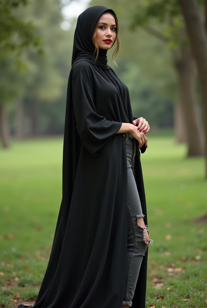 A very beautiful woman in navy hijab, cute face, facing the viewer wearing a modern trend navy robe dress with intricate embroidery, ((full body)), wearing riped black jeans wearing black Vans shoes with an outdoor background around which there are green trees with a clear sky