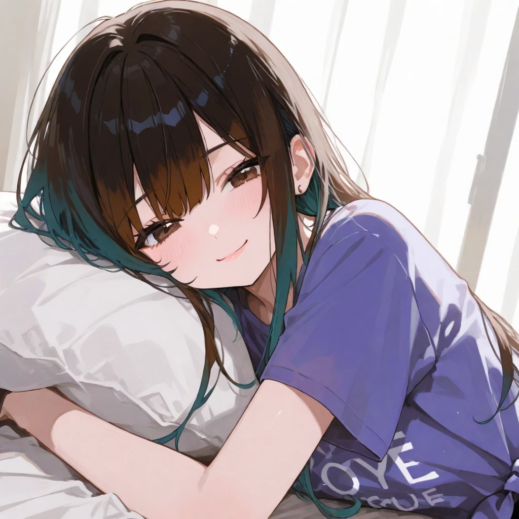 (Highest quality)), ((masterpiece)), (detailed),The background is the bedroom、Lying in bed、boyfriend、A man around 35 years old、A man with black, waist-length hair、Wearing a white T-shirt,Eye color is a calm blue、Location: Bedroom。