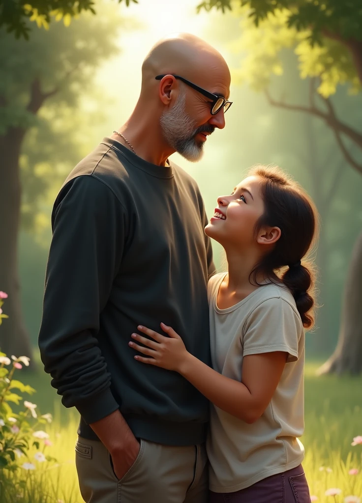 The father is sitting on the left of the bench, ele tem 32 anos, It's tall and skinny, with brown hair in a natural gradient, his beard is trimmed and his eyes are green. He is wearing plastic-rimmed glasses. Your facial expression is friendly and affectionate, and he has an arm wrapped protectively around his son's shoulders.
The son is sitting on the right side of the bench, is a 5 year old , com cabelos castanhos claros e olhos castanhos expressivos. He is thin and has a lively and curious appearance.. He is looking at his father with admiration and joy, holding his hand with one hand and holding a toy or small object in the other.
Both are dressed casually and comfortably, como se estivessem desfrutando de um momento tranquilo juntos. The background could be a park with trees around and a clear blue sky.