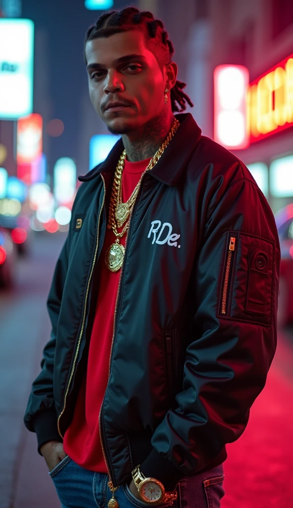 Wearing a red kiffiyeh mask with a tattooed chest and a gold chain saying rich, animated