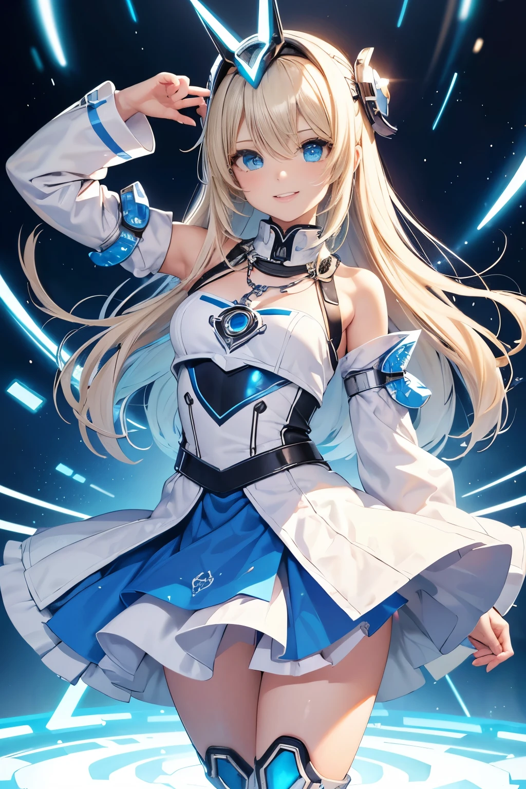 ultra-detailliert, High quality, Hyper-Realism, High resolution, extremely details CG, Best Quality,
Textured skin, ccurate, Anatomically correct, Perfect Anatomy, shiny metal, (Looking Ahead:1.3), (Magic Chanting:1.5), Standing,
1 child, Solo, (Lori:1.4), nice hand, Perfect hands, Detailed hand, nice legs, (Small breasts:1.1), (toddler body:1.2),
Twin-tailed, Blonde hair, Bangs, hair behind ear, Shiny hair,
(Luminous Blue Eyes:1.3), (Half closed eyes:1.1), curvy thighs, Android Girl, (Detailed robot joints:1.2), (Detailed doll joints:1.1),
(White Witch:1.3), Witch Hat, (off shoulders:1.1), Mini skirt, (Luminous magic circle:1.5), grin,