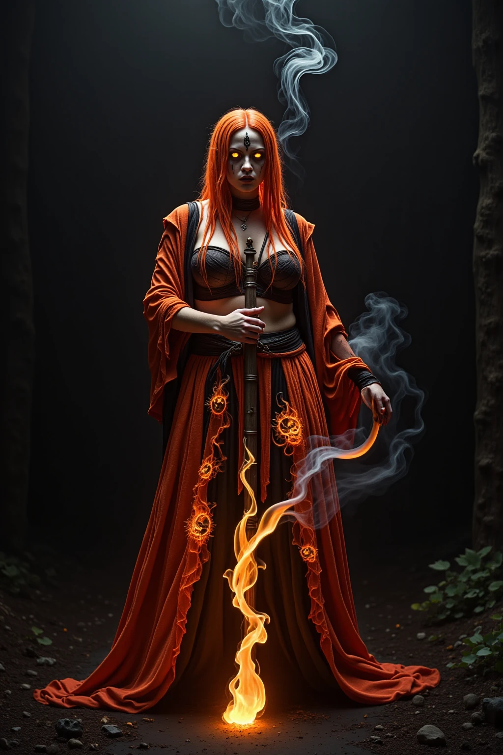 A (mature (age 40) curvaceous Malaysian woman, hijab no hair showing, silk magic gown), is a witch summoning a mythical monster into a magic circle