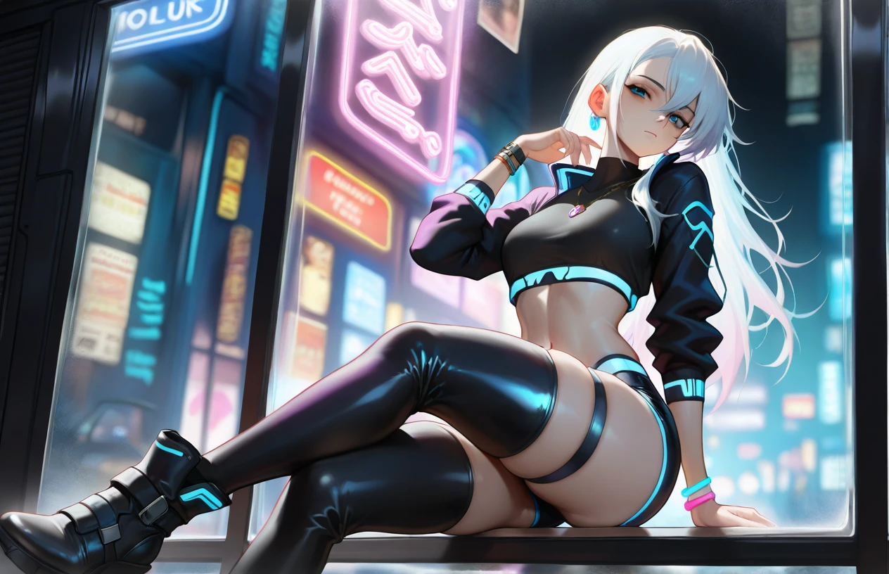 Pose: masterpiece, best quality, 4k, UHD, mishoujo, beautiful purple eye and detailed face, illustration, beautiful detailed, high resolution illustration, glowing_white_particles, 1girl standing or seated, leaning slightly to one side, with one leg crossed over the other or one foot slightly forward. Her arm can be relaxed by her side or gently resting on her hip, creating a graceful line.
Expression: Serene and confident, with closed eyes or a soft, content smile that conveys a sense of peace and elegance.
Attire: Elegant and form-fitting attire such as a flowing black and grey sleek bodysuit cyberpunk, techwear that complements the graceful lines of the pose.
Hair: Styled to enhance the pose, white hair, hair over one eye, short side tail, baseball cap to keep the focus on the arch.
Makeup: Subtle and glowing, with a focus on enhancing her natural beauty, adding a touch of glamour to the image.
Background: A minimalist or luxurious setting such as a serene cyberpunk city background that enhances the elegance of the pose.
Lighting: Soft, directional lighting that casts gentle shadows and highlights the curves of her body, creating depth and dimension.
Accessories: Minimal and tasteful, such as a delicate necklace, a bracelet adding a touch of sophistication without detracting from the pose.
Mood: Elegant, serene, and sensuous.