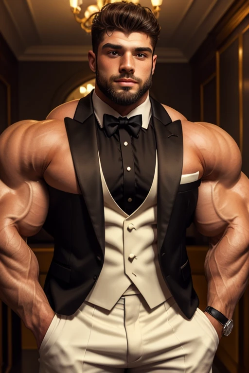 Masterpiece, denoise, void noise, one man, best quality, 8k resolution, male focus, focus only, amazing composition, volumetric lighting, super quality, elegant, Very detailed, home, front view, facing viewer, -----------, 35 years old, mature face, muscular, thin body, Caucasian, (((white skin, pale skin))), handsome, (detailed light-blue eyes), (dark brown hair, messy longer hairstyle), big ears, (((hairy pectorals, thick plenty chest and body hair))), (((medium long beard))), (((((Jim Sturgess mixed with Russell Tovey))))), (((big nipples, perky nipples))), ------------, ((((detailed formal black suit and pants, black tie)))), (((holding his chest))),