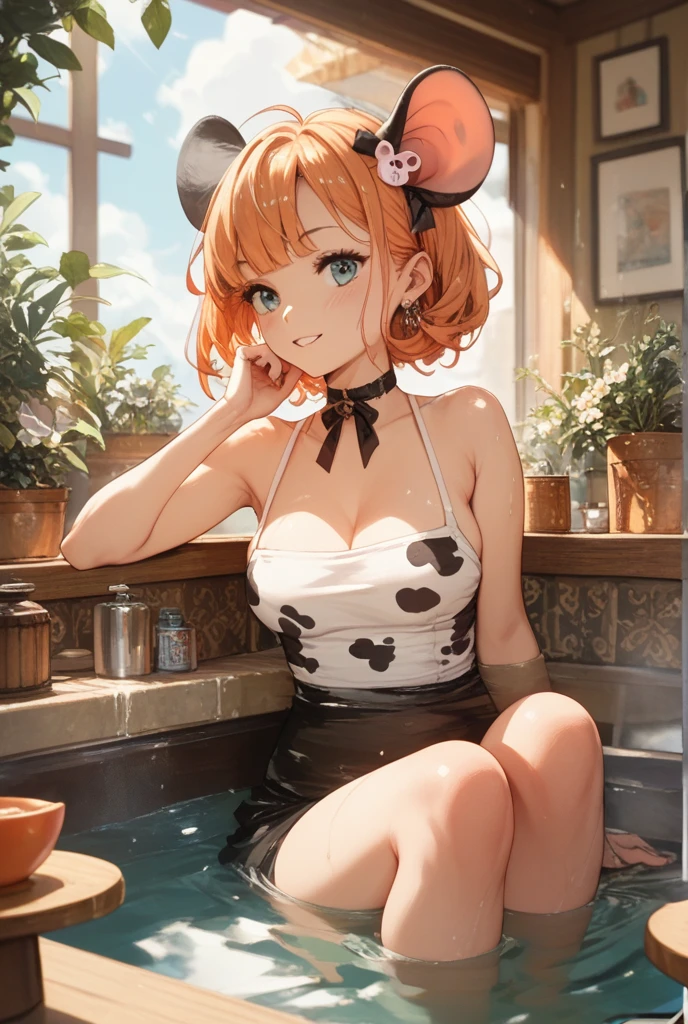 best quality, (masterpiece),(ultra-detailed), (high quality), (high resolution), (2heads:1.5) teenage girl, ((both having yellow orange hair)), orange minidress, orange maid outfit blue shorts, ((catgirl)), cat ears, cat tail, pink eyes, green eyes, cafe