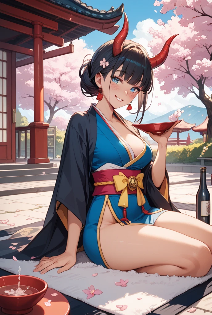​masterpiece、best、Hi-Res、1 female、A dark-haired、Medium Hair、Asymmetrical hair、Floating hair、blindfolds、High Ponytail、side locks、hair adornments、Fish hair ornament、tassels、Kanzashi、bangss、light blue  eyes、Beginning、ssmile, tusk, Only the upper teeth, a choker, a red choker, Pendant Choker, Butterfly Choker, 鎖骨, The tattoo, Chest Tattoo, Flower tattoo, cleavage of the breast, middlebreasts, thighs thighs thighs thighs, bandaged, Bandaged Legs, sarashi, Budget Sarashi, Breast sarashi, Black sash、 Hadanugi Dosa 、 Broomstick 、 Komono 、 Kimono 、 Drawstring 、 Obi 、 Obiage 、 Obi tightening 、 Orange kimono 、 Drawstring 、 Patterned kimono 、 noose 、 Obi 、 Shimenawa 、 Short kimono 、 Piece bare shoulders 、 phantom（Genshin） 、 East Asian Architecture 、cherry trees, full body Esbian, crouching down, sparkler fireworks, natta, sparklers, sparklers, cross one's legs, an legs, single glove, Single fingerless gloves, wristbands, Black socks,
