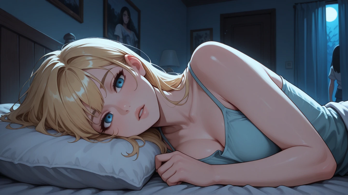(High resolution:1.4)、(High resolution:1.4)、naked、Beautiful girl alone、Symmetrical face、「Evangelion」Characters、Super Beauty「Asuka Langley」、long beautiful blonde hair、14 year old half Japanese, half German、A face that feels sexual pleasure、Sweaty、Facing the camera、Lie down on the bed、Gravure model pose、Beautiful, glowing skin、Stained by shame、Softly lit、Cinematic Colors、Incredibly realistic textures、Photorealistic and colorful、stylish、Beautiful and dense large breasts、Attractive large waist、Underarm、Beautiful belly button、High resolutionの顔と目、triangle mouth