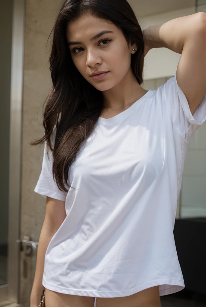 close-up of beautiful Indonesian, Amanda Manopo is a Indonesian actress and model, age 24 years old girl, youthful face, perfect body, white body skin, very long hair, black hair, straight hair, 38 inches breasts size, wearing a plain standard white sleeved t-shirt, wearing a tight plain dark black denim shorts, sexy looking pose, pose a naughty look, pose looks seductive, at the boyfriend bedroom, boyfriend bedroom background, UHD