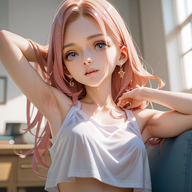 Ultra realistic, open shot, best quality, dream aesthetic (a little blurry in cinematic vibrant light), ultra-detailed, fine details, high resolution (image taken by analog camera), Perfect dynamic composition, illuminated pale skin, perfect shading, beautiful (realistic) detailed clear eyes, black lingerie, pantyhose, pale-pink hair, long messy (silky) hair (pale pink), natural big breasts, Natural Color Lip (not smiling), face with shy and embarrassed expression, Random and sensual poses, bedroom (background unfocused)、20 year old、dream atmosphere