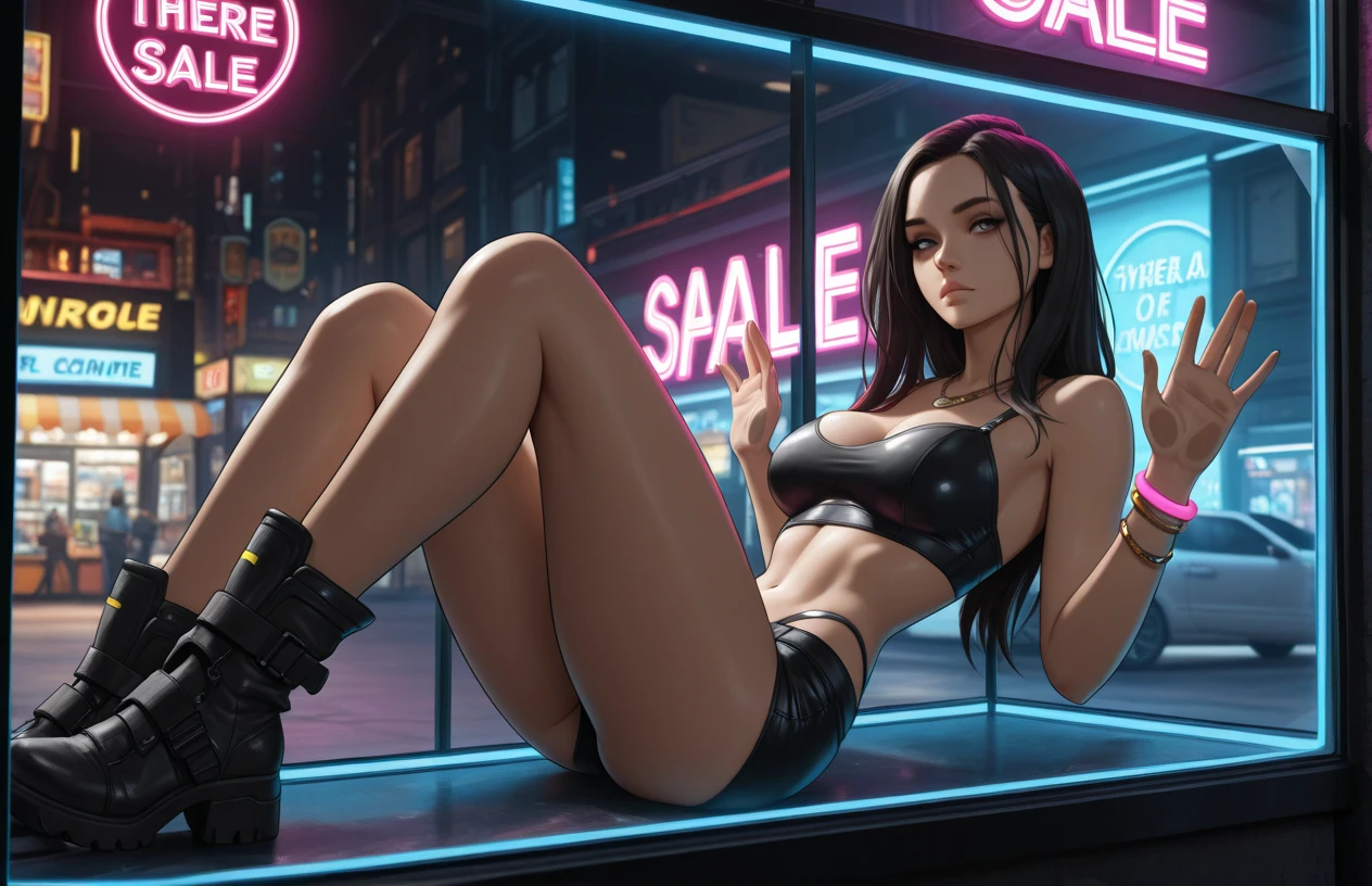 character Quiet from Metal Gear, sitting on a black sofa, in front of a TV panel. She exudes an aura of sensuality, combining grace and mystery. Her body is lean and athletic, with smooth, defined curves, big breasts, micro bikini. Her skin is tanned, giving her an exotic look, and her posture is elegant, with her back sloping slightly backwards. Her long black hair is loose, cascading over her shoulders and back. Her eyes, mesmerizing and expressive,She is sitting on the black sofa, legs crossed. Your hands on the back of the sofa. Ahead of Quiet, the TV panel displays vibrant and seductive images. Soft ambient lights bring out the subtle details of your face. As Quiet gazes at the screen, it's evident that his presence exudes an intriguing mix of mystery and power. --auto --s2