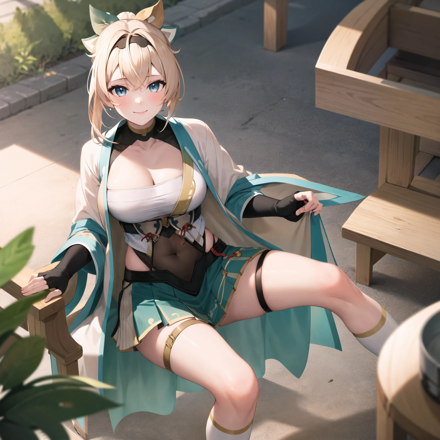 NSFW,Hololive,Kazema Iroha,Blonde,ponytail,hair ornaments,Headband,kimono,Bleaching,Haori,Belly button cover,Black gloves,Pleated skirt,Green skirt,White knee socks,Cleavage,seiza,Embarrassed,blush,Mansion,Japanese-style room,futon,(Perfect hands),(Perfect Anatomy),(masterpiece),(highest quality)