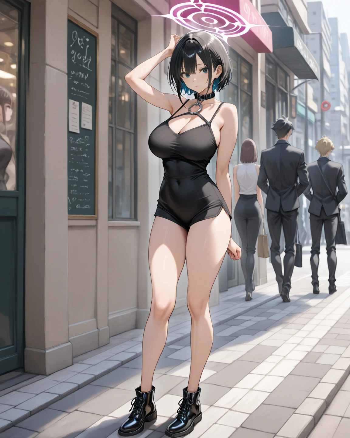 1girl, superhero, leotard, highleg leotard, bare legs, boots, standing, solo focus, tight belt, hands on hip, full body shot, city backdrop, sleeveless, ultra highres, absurdres, beautiful face, detailed eyes, symmetric eyes, {{only five fingers}}