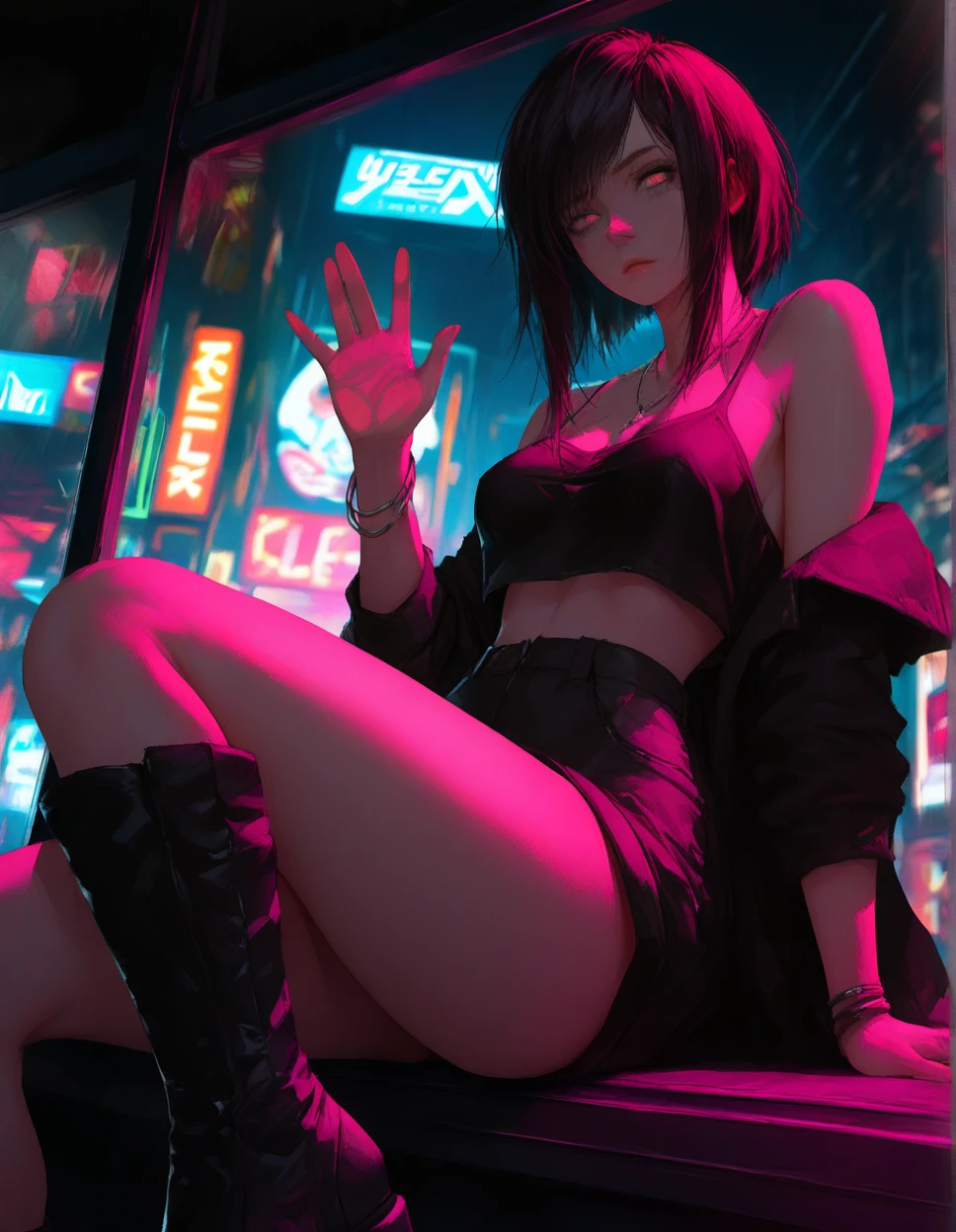 cyberpunk, night, dark, neon lights. city, dystopian future, sci-fi, (8k), (best quality), (masterpiece:1.2), (realistic), (photorealistic:1.0), ultra-detailed, 1girl, naked, showing pussy, totally naked, ebony, black, sitting, open legs, naked, pussy, topless, small tits, 18 yo, , ripped sexy tanktop, open laether jacket, garters, legs, full body, cute, freckles, beautiful detailed eyes, beautiful detailed nose, garters, sexy legs, ripped denim shorts, realistic skin texture, attractive face, short hair, afro hair