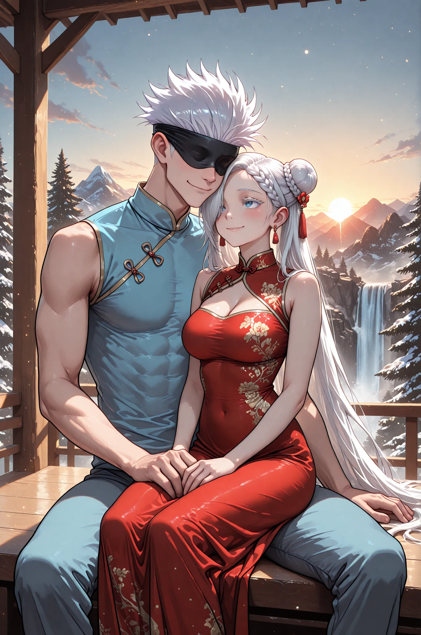 beautiful woman,from the anime boku no hero academia,wavy white fur,with light blue eyes,He has a swimsuit and he is with Shoto Todoroki,from the anime boku no hero academia