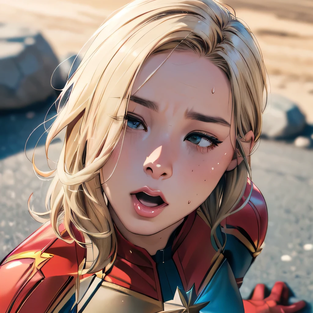 (masterpiece:1.3), (8k, realistic, RAW photo, top quality: 1.4), absurd, charm, super high resolution , Super Real, very well detailed, golden ratio, (realistic), (best shadows), low contrast, (complicated:1.4), Side Lighting, 8k, beautiful face, (realistic Face), Beautiful Hairstyle, realistic eyes, beautiful details, (realistic Skin), beautiful skin, (one girl), ((Brie Larson, Captain Marvel)), (accurate depiction of a hand and finger kneeling on a rock), (blonde long hair:1.3), ((open your mouth)), (half closed eyes), (surprised expression:1.1), (flashing), (sweat), BREAK ((1. Juvenile, 1realistic penis:1.3)), looking down from directly above