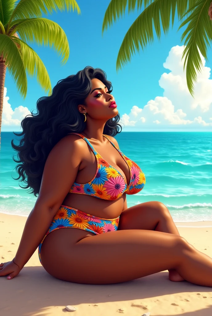(work of art:1.2, best qualityer:1.2), SSBBW, Giant breasts, thunder thighs, soft ambient lighting, perfect lighting, 1 girl, standing alone, Chel, Bblack hair, long hair, rhombus stripe, eyes browns, darkskin, lipstick, breasts big, Broad Hips, top of the tube, neckleace, bared shoulders, emerald earrings, emerald bracelets, looking at the camera with a smug expression on his face, beach background, very large body, fat belly rolls, big breasts, sexy smile, fat arms, thunder thighs, super fat, looking at viewer, wet clothes, sweating very hard, sexy looking, blob