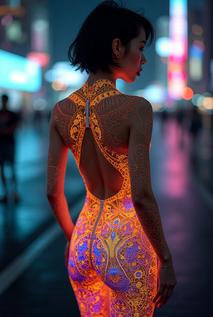 (masterpiece, Highest quality), 8k,(((Very detailed))), Race:1.8, Super intricate Race pattern, colorful Race pattern, Pale, luminous stained glass transparent body, Colorful fluorescent tattoos, Mandala,light up, 1 female, Open Back, 1、Photo of Lee Jae, tumbler, sultry body with セクシー belly, Sexy girl, Young sensual elegance, Sexy body, Sexy look, Very Short Hair、Shooting at a port with a beautiful night view、 Intelligent face、Narrow waist、Large Breasts、Smile a little、EOS 50mm F2, Blur the background、Lighting the face、whole body、Looking into the distance,