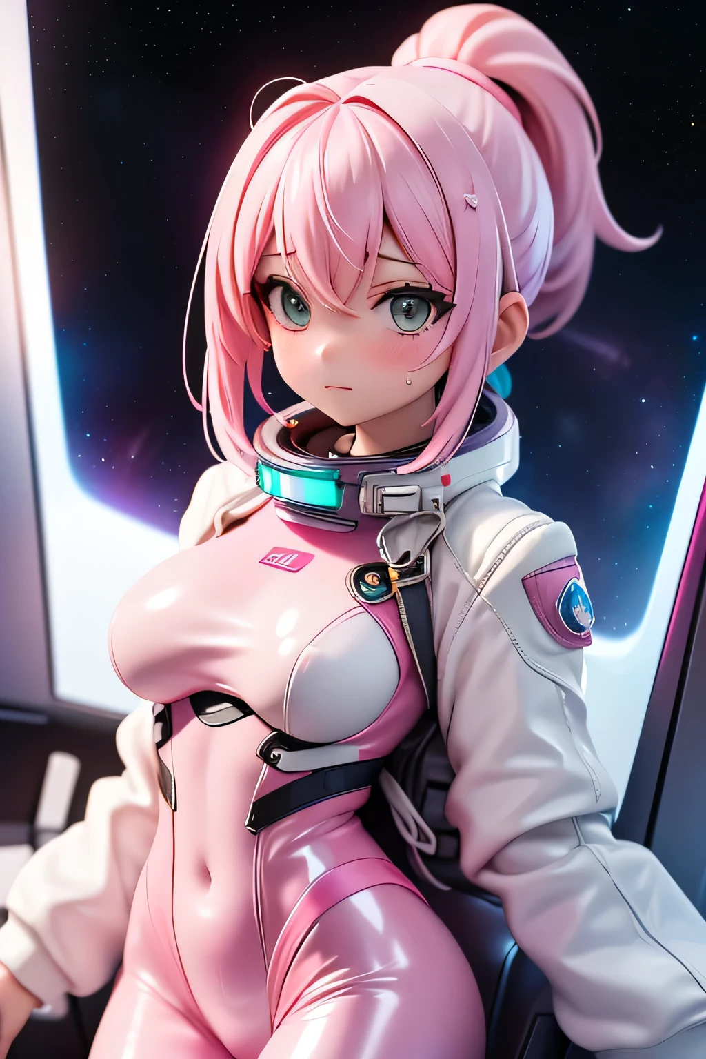perfect anatomy top quality,highest resolution,(((shiny white and light pink spacesuit bodysuits shiny pink hair Shiny Skin ponytail sweat))) unlimited routes Space Opera spaceship cockpit Space Battleship