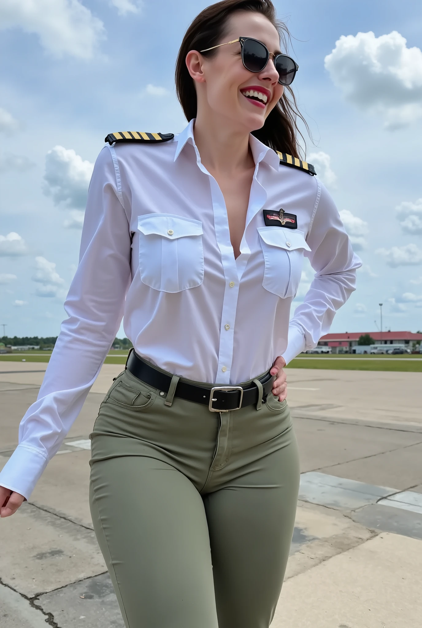 white glamour ladies, pilot sunglasses, in a white deep-necked pilot shirt, white screaming ladies, laughing with her mouth open, red lipstick accentuating her smile,belt on waist, big wide hips, chest are fully grown, pilot sunglasses, white skin, HD, enjoing at airdrome, photo-realism, white buttons on shirt,, side view ladies, , hourglass figure, realistic full body image, wearing shiny black heels , huge ass, curvy, thick thighs gap, wide hips, narrow shoulders, tucked shirt, pale_skin,