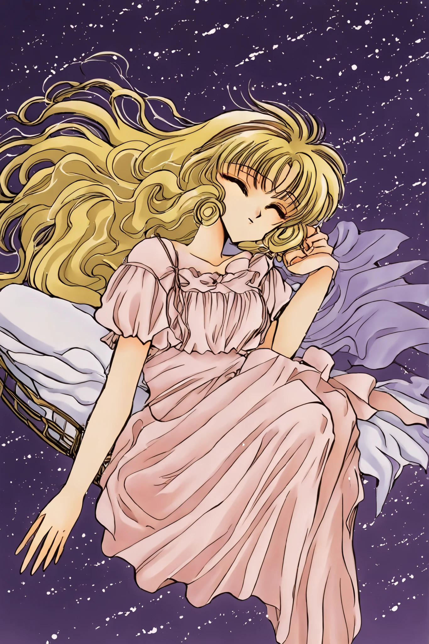 A 2D anime-style illustration of a beautiful young adult woman sleeping peacefully. She is wearing a pastel-colored one-piece nightgown with soft frills and delicate ribbons, modest and loose-fitting, without any transparency. Her golden blonde hair is slightly messy, flowing gently, reaching down to her waist. Her pose is natural, both arms resting calmly at her sides. The lighting is soft and warm, giving a calm and dreamy nighttime atmosphere. The background should remain as the original cozy room or neutral soft gradient.