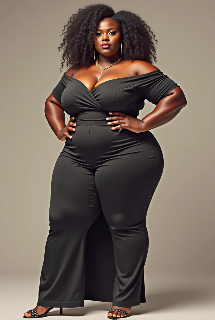 Plus size woman with big breasts and high heels, thick legs, cleavage