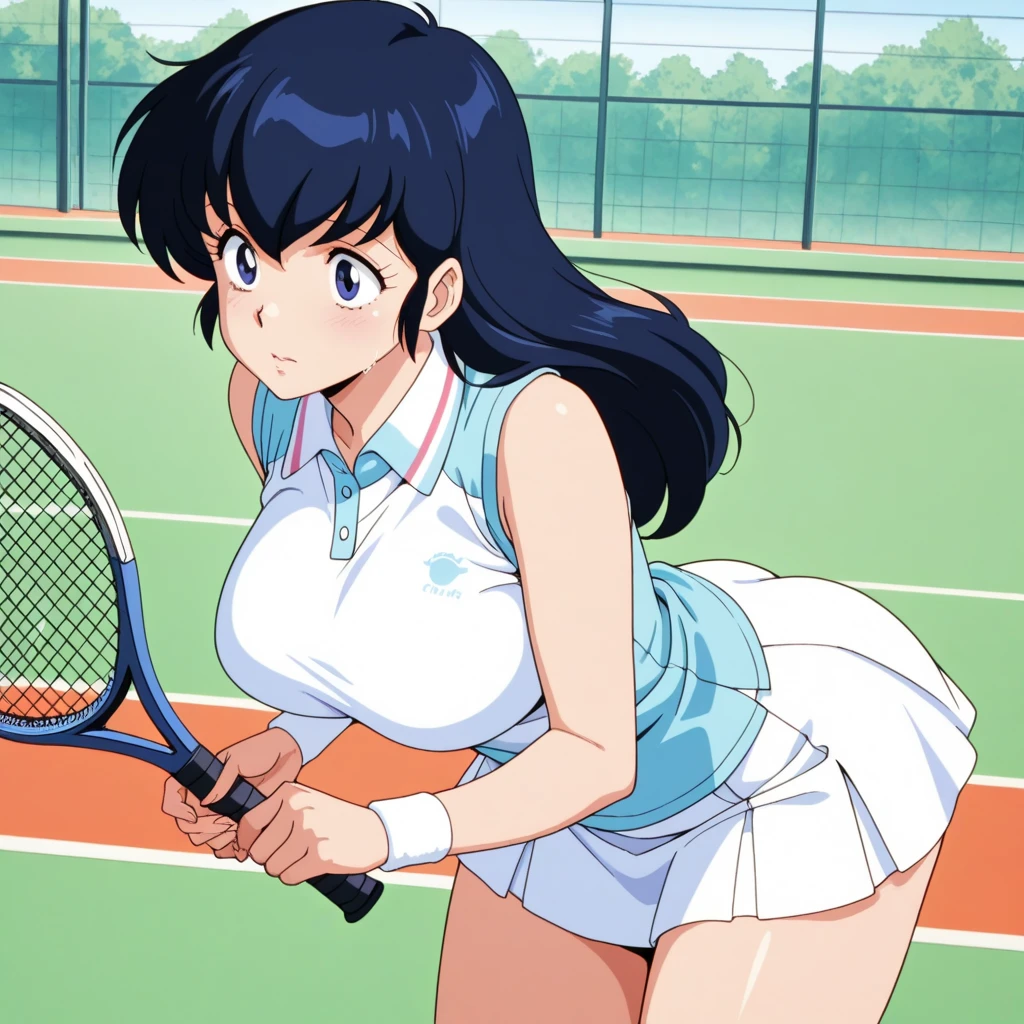tennis girl's massive nipples out of topless vest out bare and wet pants spreading her legs, gloved hands hidden behind, blindfold