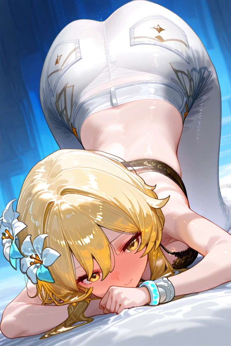 1 girl, Artoria Pendragon Lancer (from fate grand order), laying on stomach, face down ass up, arched back