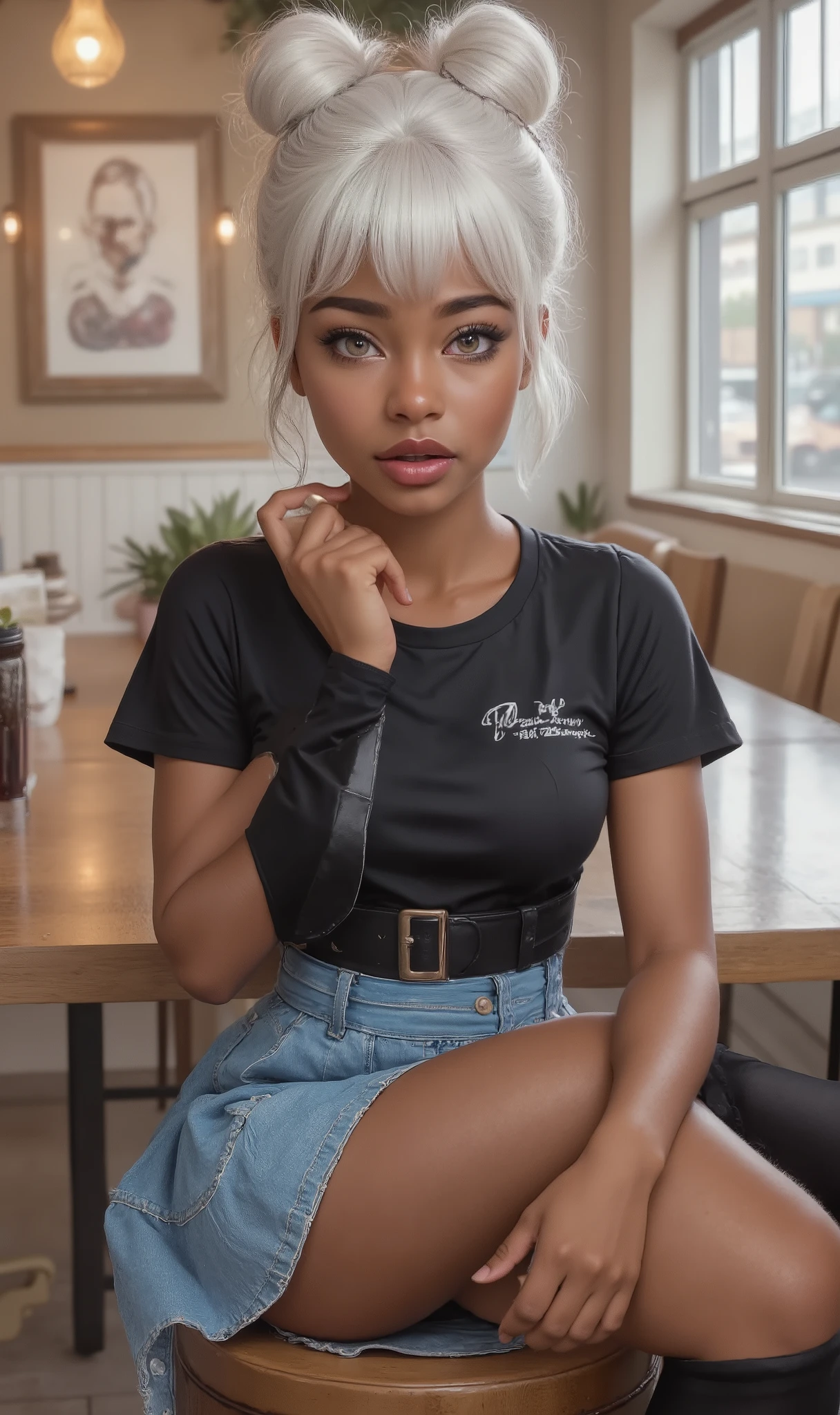A young 14 year old girl with dark brown skin, silver grey eyes with long lashes, plump full round pouty lips, her hands are on her face she looks in shocked, her hair is silver white she has a bangs and the rest of her hair is up in two buns, she have on a black crop top belly t-shirt and a belted Paperbag Skirt Denim Blue Sky. The sence take place with her sitting at a table in a beige and brown Cafe Shop with a plant as a centerpiece on the long table and a long window by her table.