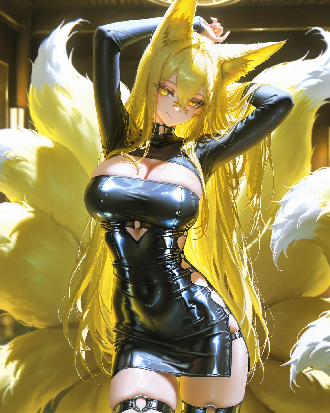 by fluff-kevlar, by ouka, by Kilinah, (((woman, breasts, antrum, extremely detailed, extremely detailed legs, extremely detailed arms, extremely detailed face, perfectly detailed eyes, perfectly detailed anatomy))): 1.2, beautiful and detailed portrait of an anthropomorphic vixen ((female))), anthro, female, fox, high definition, good anatomy, yellow fur, yellow body, simple background, highly detailed face, deep yellow iris, yellow eyes, yellow hair, long hair, kitsune, multiple tails, dark lighting, moody lighting, full body, sexy body, slanky body, sexy face, nice, hot, cute, pawpads, paws, showing feet, magical levitating, night, blushing, friendly smile, smile, friendly, elegant, dark, mysterious, alluring, beautiful, thigh highs, purple yukata, bra, underwear