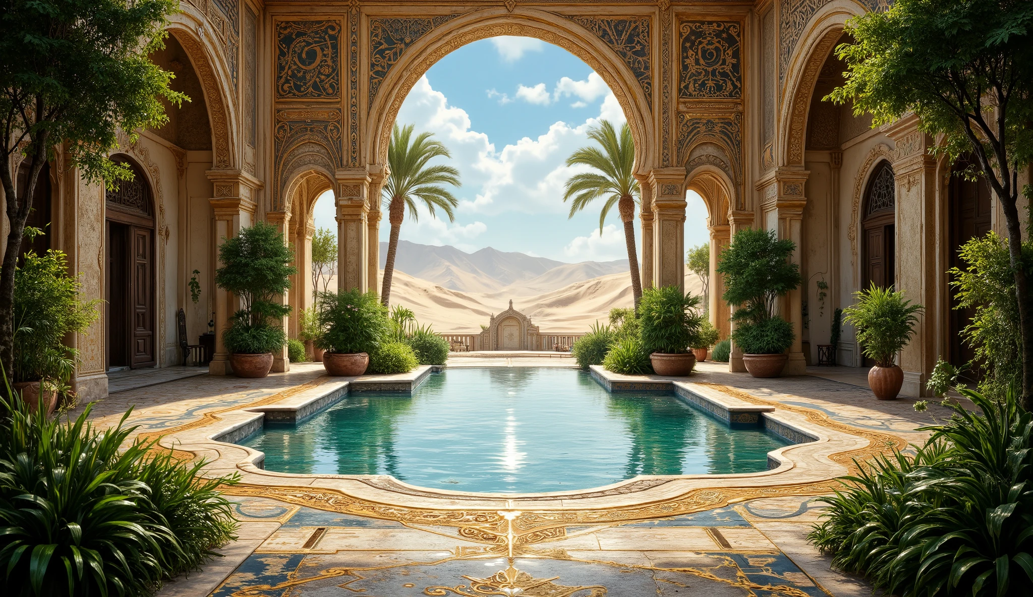masterpiece, highly detailed, ultra realistic, professional, an Arabian palace outdoor patio, large and luxurious, decorated with lush greenery, beautiful dessertscape, a large pond in front