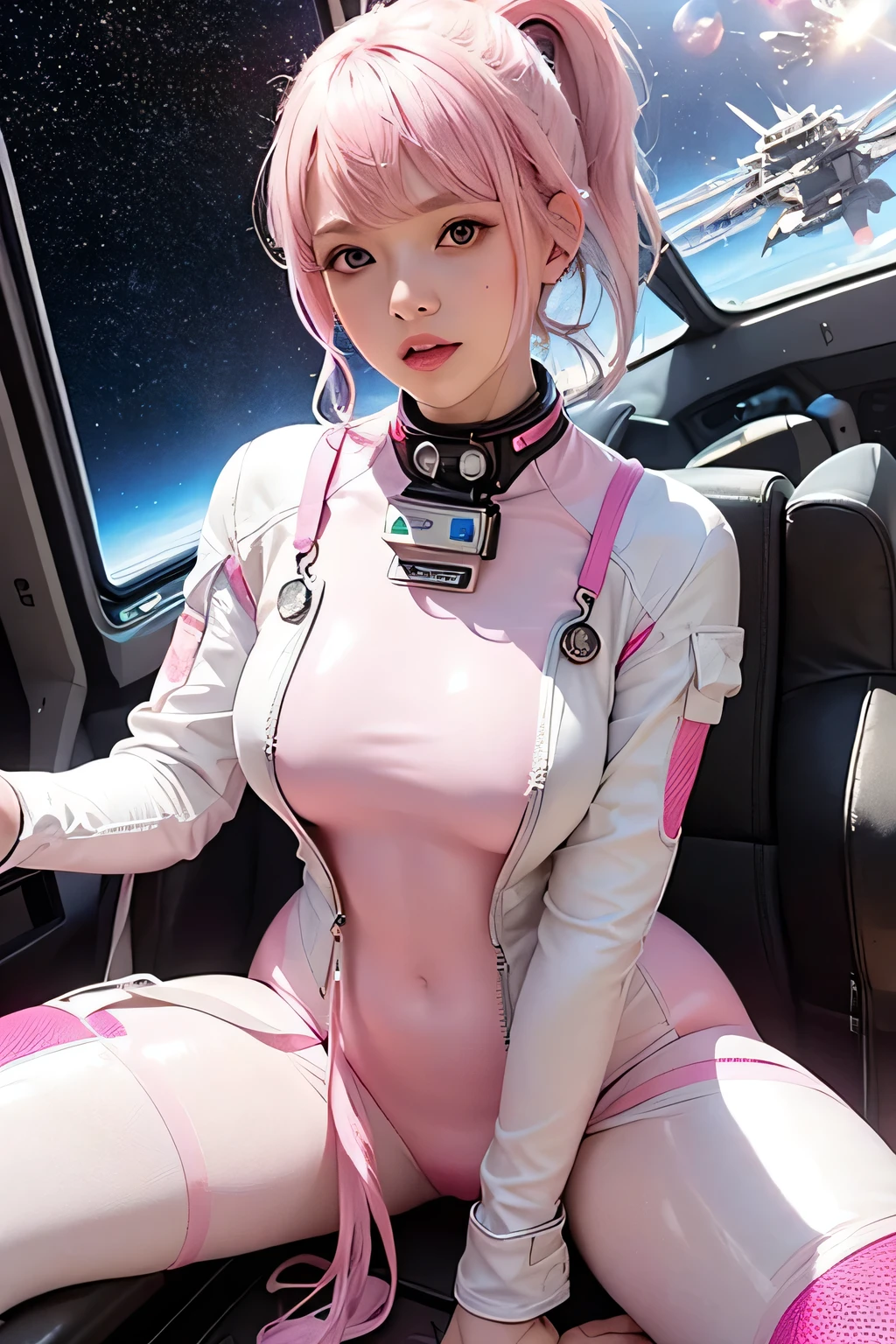 View from above ((A woman in an astronaut suit, sitting)), ((pink hair, punk updo and hairstyle)), with makeup that highlights her melancholic look, slim and delicate body, pink hair hidden by astronaut helmet. in an underground subway car, wears a modern astronaut suit, punk style, with an astronaut helmet and transparent visor)), the car is on the space station, subway con the space in the window. está sitting con aburrimiento, raytraced, Neon, subway retro futurista, the space in the window (aesthetics and atmosphere:1.2), melancolica, passionate, concentrated, round and beautiful eyes, Wide plane, Half body. (raw photo, Best Quality), (realist, photo-realist:1.3), Masterpiece, an extremely perfect and beautiful body, extremely detailed pale body, Best quality score, 8k quality, close up, high view, lo-fi space