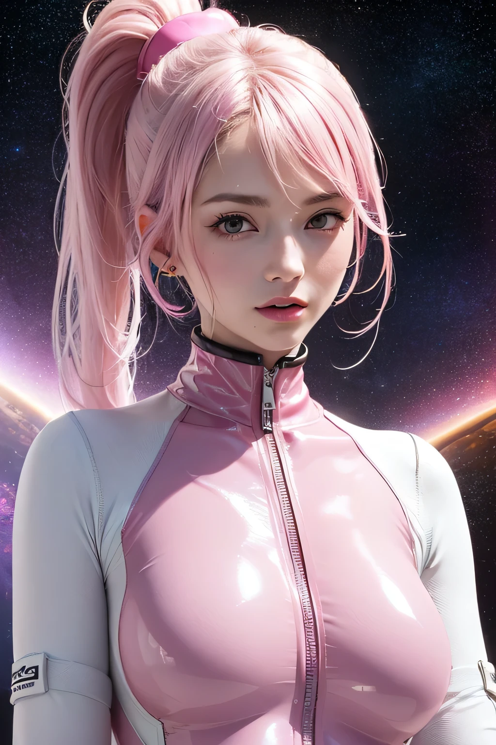 ２People　Pink Hair　Pink rubber suit　Gloss　slimy　Japanese　ponytail　Talking