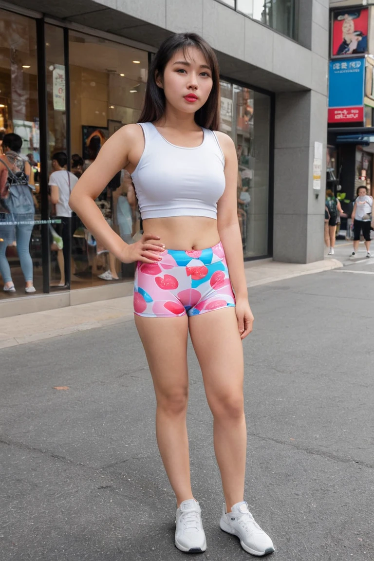 Cute girl with short pink hair standing in the rain , all wet , clothes are transparent, beautiful face, charming eyes looking back , smiling , super sexy , with red bra and white t-shirt, blue shorts, photorealism, photorealistic, full body model