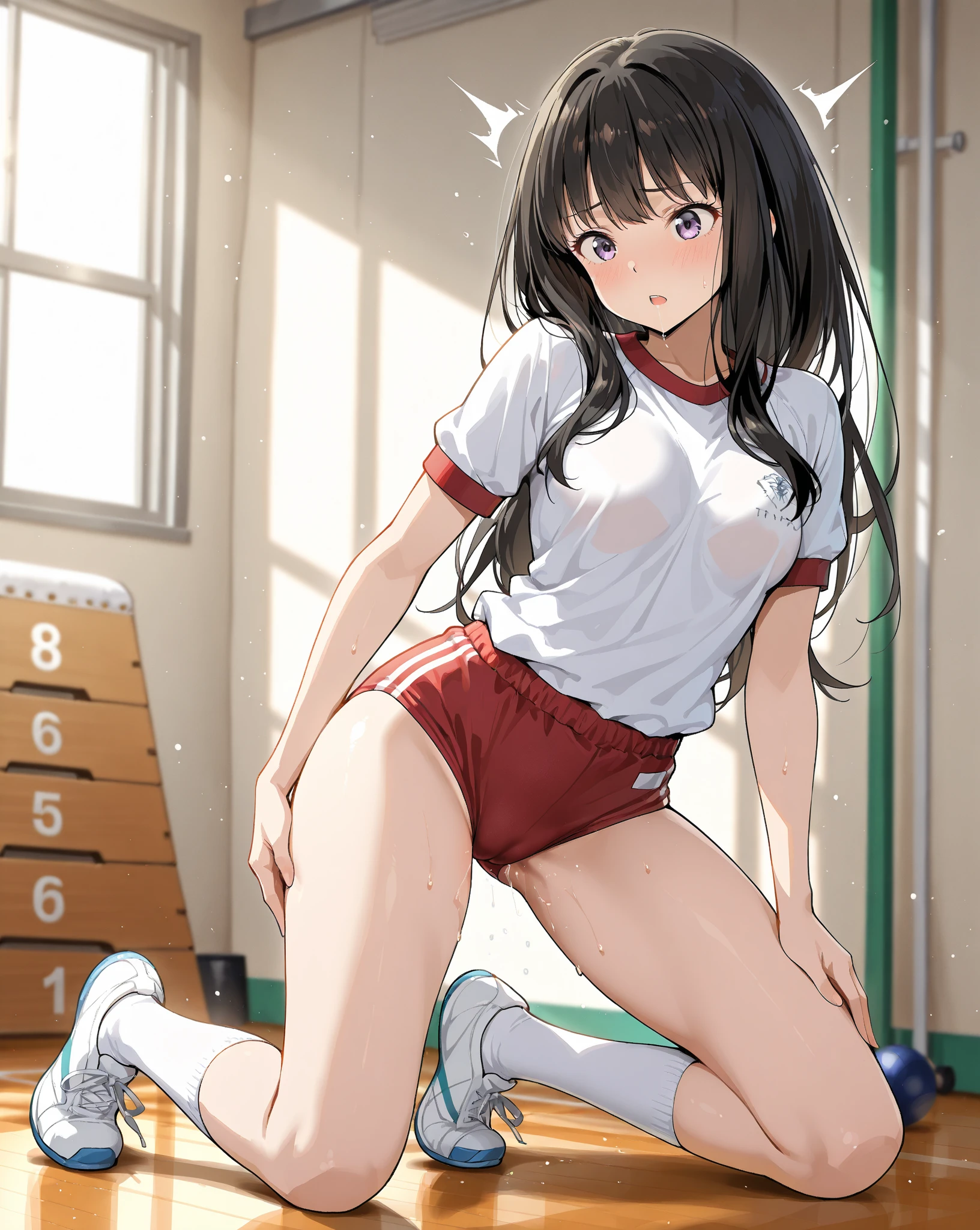 Japanese 13-year-old woman Skin Both arms raised Bob Hair Armpit sweat Volleyball practice squat Angle from directly below Sweat dripping from the crotch My crotch is very wet with sweat Steam is coming out again Sweat is overflowing and dripping from my crotch Mouth half open and drooling See-through pants Sweat leaking from the crotch