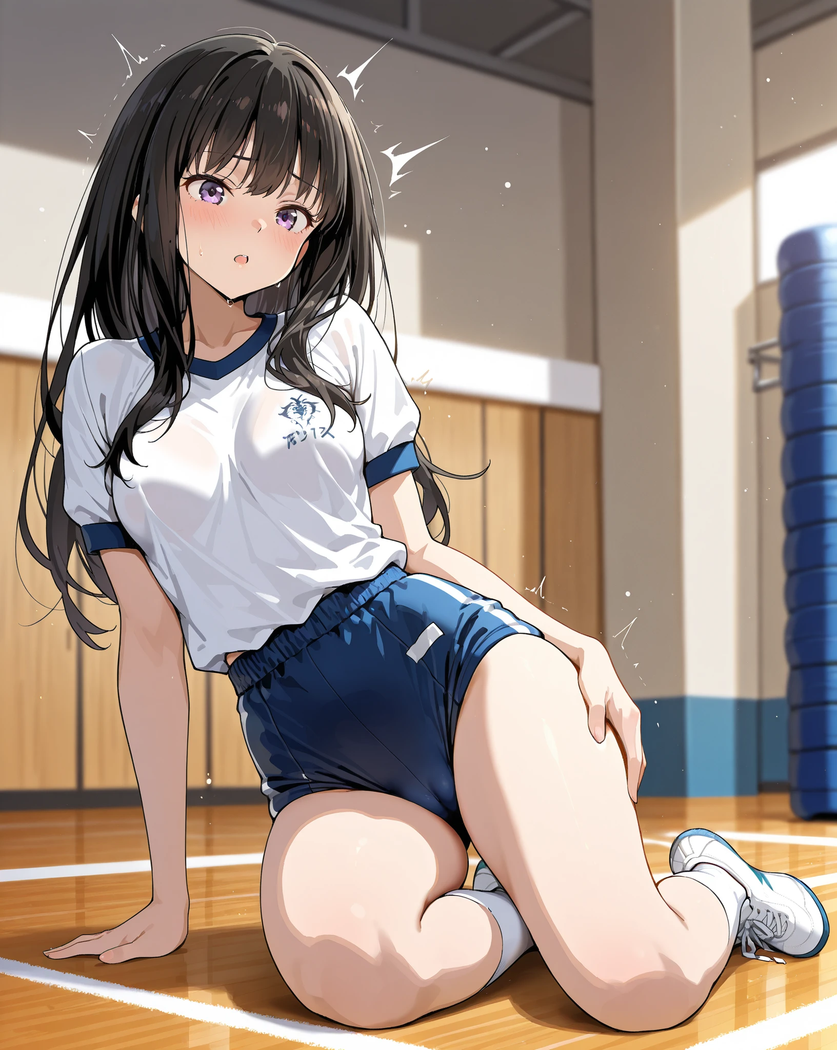 ((4K,8K,Highest quality,Perfect Fingers:1.3,Perfect Anatomy:1.3,Background Blur)),((,woman,cute big droopy eyes,Straight Long Hair,Beautiful and slim girl,Black Hair)),((Complex and detailed:1.4)), ((Very detailed)),[[[See through:1.1]]],(Gym suit),((Dark blue gymnastics bloomers)),((White shirt)),Short sleeve,((Wet:1.2)),(White shirt over nipples),Large Breasts,blush,(Smiling Kindly),(Sweat),(Shiny skin),Perfect clear skin,super oily,Full body angle,Sexy pose,（Camel Toe：1.4),((Open your thighs wide to the left and right:1.2)),地面にsquat,Showing your crotch to the audience,(((Weight scale,squat:1.2, Put your arms behind your head))),Detailed description of the vagina,Show your vagina,[Wet crotch],My feet get wet,School poolside,