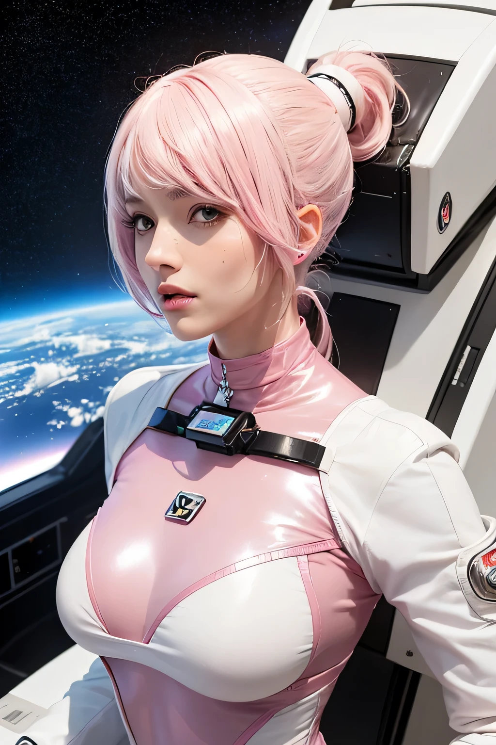 (8K, top-quality, masterpiece:1,2), (reallistic, Photorealsitic:1.37), Super Detail, One girl,), (Highly detailed), (beautifully detailed eyes), (of the highest quality), (super detailed ), (masterpiece), (Detailed face),20yr old, ,1 girl, ((pink hair,Very short hair)), medium breasts, clothed, Perfect Lighting, BREAK
(space suit:1.4), white and silver, metallic, oxygen tank, jet pack, (transparent helmet:1.3), , (white bodysuit:1.5), black and red, striped, smart watch, earphones, BRAKE bangs on left side, earphones on right ear, smiling, looking at camera, mouth slightly open, exhaling, left hand holding oxygen tank hose, right hand operating jet pack controller, close-up shot from face to chest, space background, earth and moon and stars visible, asteroids flying, light from earth on left side, light from moon on right side, dark inside helmet