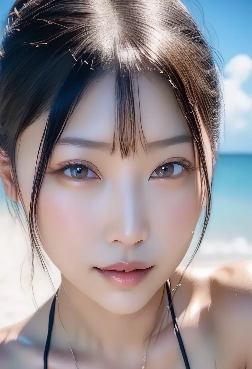 Cosmetics, mini skirt, coffret, bikini swimsuit, coffret,1girl, solo, blush, looking_at_viewer, smile, short_hair, open_mouth, black_hair, red_eyes, shirt, ribbon, original, navel, hair_ribbon, upper_body, short_sleeves, white_shirt, midriff, belt, sailor_collar, sweatdrop, blue_sailor_collar