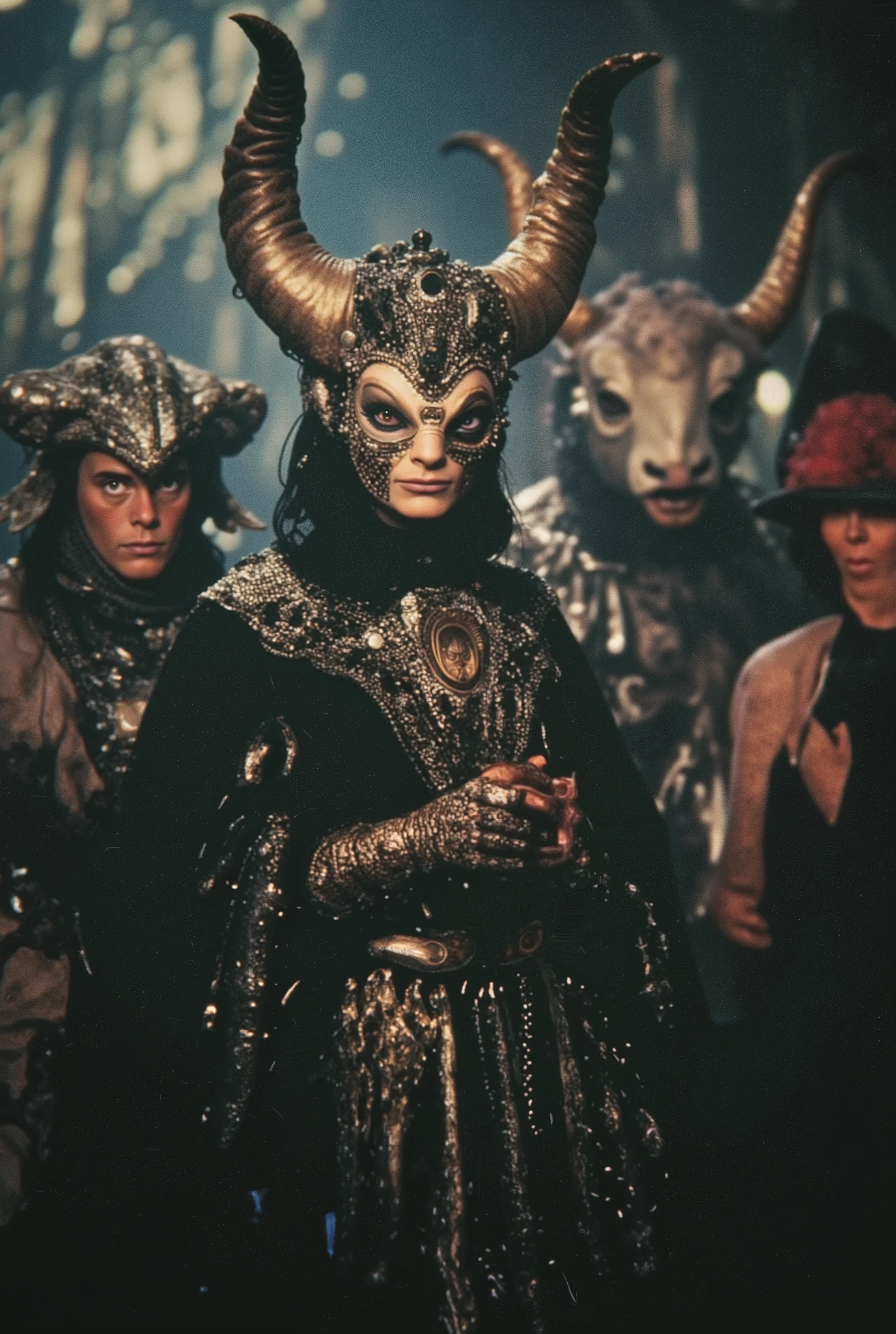 hybrid snake mafiosa in disguise , hybrid sheep in costume , hybrid reptile in costume , hybrid rhinoceros in disguise and witch in disguise. cinematic, surreal.