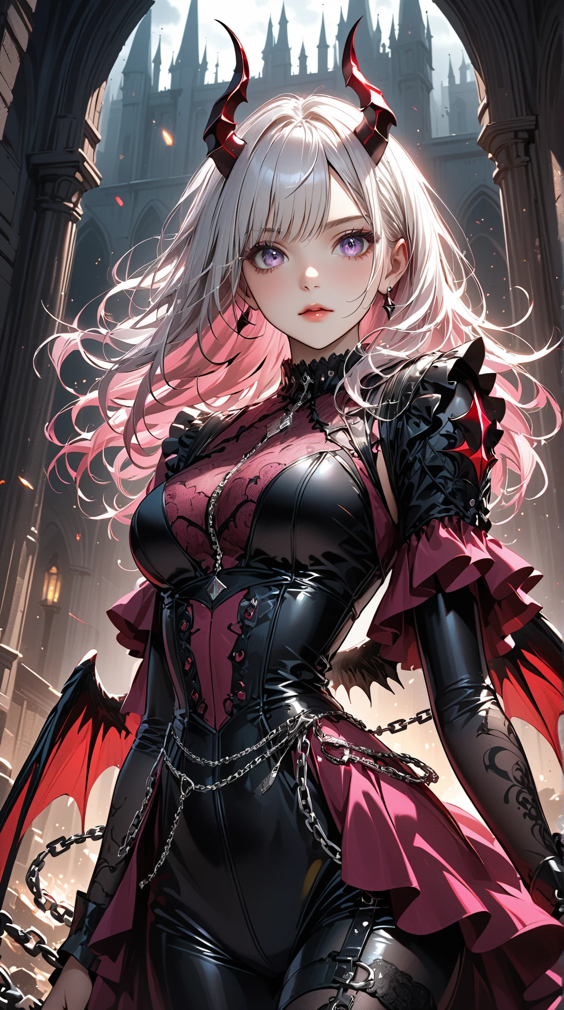 (masterpiece: 1.2, Highest quality),Long black hair, (Best lighting, Very delicate and beautiful), (Best lighting, Very delicate and beautiful), (Beautifully detailed face), (Detailed eyes and detailed face: 1.2), Dark fantasy, (Young girl, Little Beast, One girl, alone, Crazy Smile, Pale skin, ((Large tattoos all over the body)), Gray Hair, Red glowing eyes, Dynamic Angle, vampire), ( Get a vampire castle in the background), (Red Moon, Red Sky), pointed_ear, tooth, Devil's Wings, Devil horns, There was blood on my face., Rain of blood, blood mist, (Depth of written boundary), High Contrast, (Blood splatter: 1.4), Cowboy Shot, whole body,