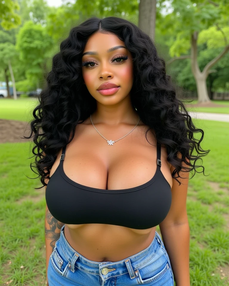 (RAW photo style, 32K UHD masterpiece, best quality, ultra-detailed, photo realistic), 28 years old beautiful and sexy black woman, blonde colored hair, vibrant green eyes, long detailed eyelashes, wearing a v-neck sweater and torn skinny jeans, huge enormously gigantic breasts, cleavage showing, thick thighs, tons of tattoos and piercings, at a music festival, looking at the viewer, cheerfully smiling and happy, clear sky, analog style, (real skin texture, film grain), cinematic light, sidelighting, ultra high res